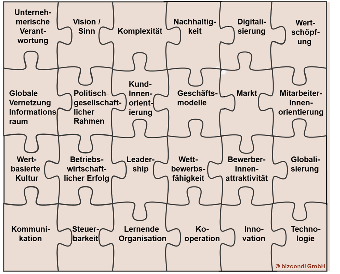Puzzle-Grafik mit vernetzten unternehmerischen Themen wie Verantwortung, Komplexität, Digitalisierung und Wertschöpfung.